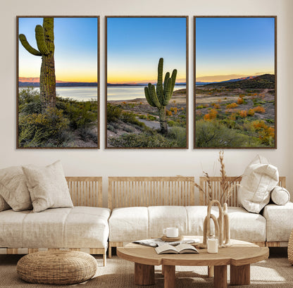 52844711-MGV-FC-60X30-3P_Walnut-Saguaro Cactus Wall Art Canvas Print, Framed Desert Sunset Art Picture Print, Southwestern Scene Perfect Southwestern Rustic Decor