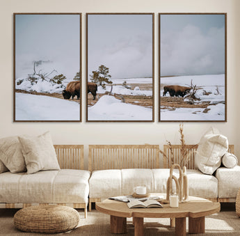60308289-MGV-FC-60X30-3P_Walnut-Bison Wildlife Wall Art Canvas Print, Framed Snowy Prairie Art Picture Print, Western Landscape Perfect Rustic Winter Decor