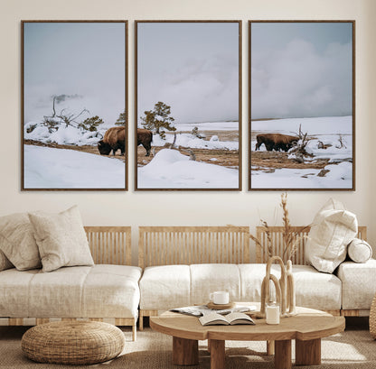 60308289-MGV-FC-60X30-3P_Walnut-Bison Wildlife Wall Art Canvas Print, Framed Snowy Prairie Art Picture Print, Western Landscape Perfect Rustic Winter Decor