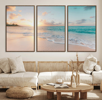 94538225-MGV-FC-60X30-3P_Walnut-Beach Sunset Wall Art Canvas Print, Framed Ocean Waves Art Picture Print, Summer Escape Perfect Coastal Serenity Decor Artwork