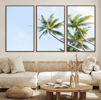 54719115-MGV-FC-60X30-3P_Walnut-Palm Trees Wall Art Canvas Print, Framed Tropical Aesthetic Art Picture Print, Coastal Serenity Perfect Tropical Minimalist Decor