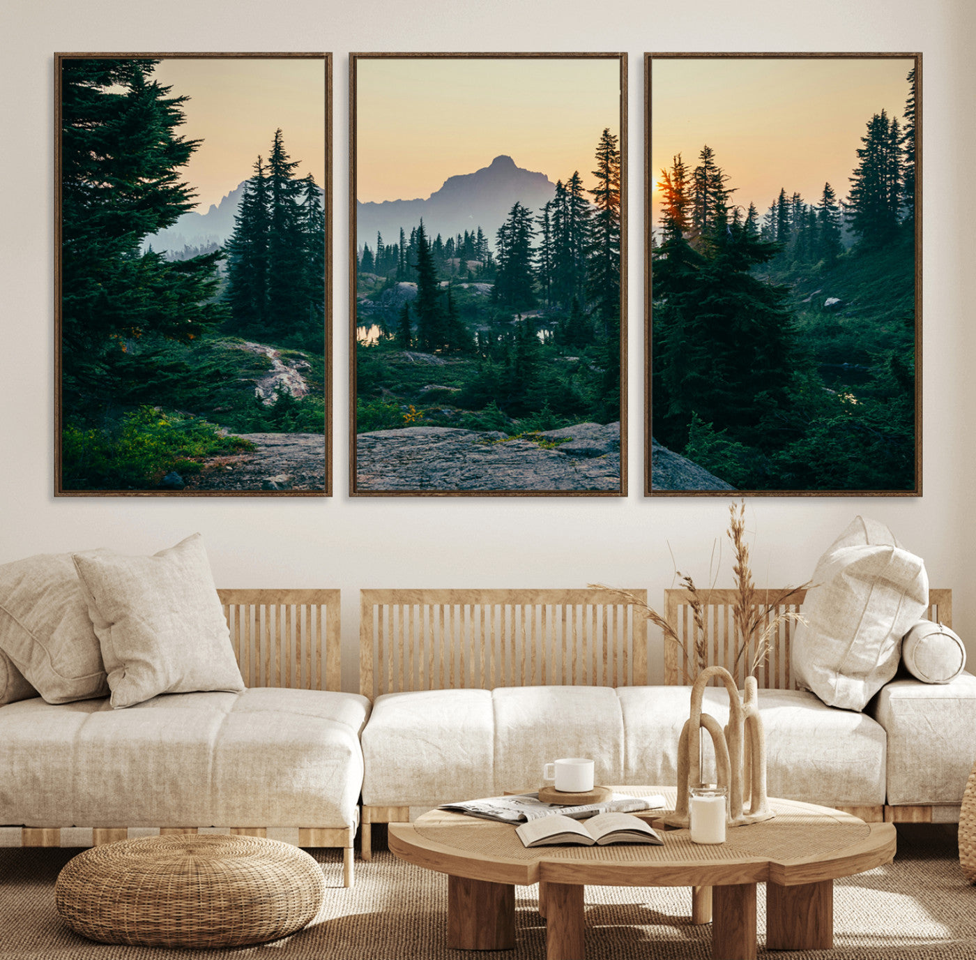 66397982-MGV-FC-60X30-3P_Walnut-Mountain Landscape Wall Art Canvas Print, Framed Forest Serenity Art Picture Print, Mountain Landscape Perfect Rustic Wilderness