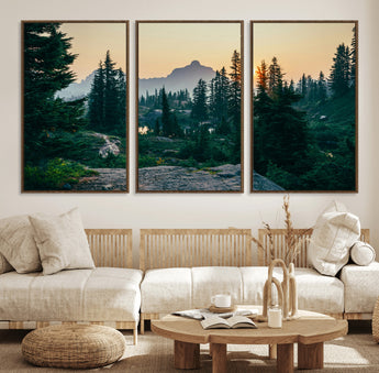 66397982-MGV-FC-60X30-3P_Walnut-Mountain Landscape Wall Art Canvas Print, Framed Forest Serenity Art Picture Print, Mountain Landscape Perfect Rustic Wilderness