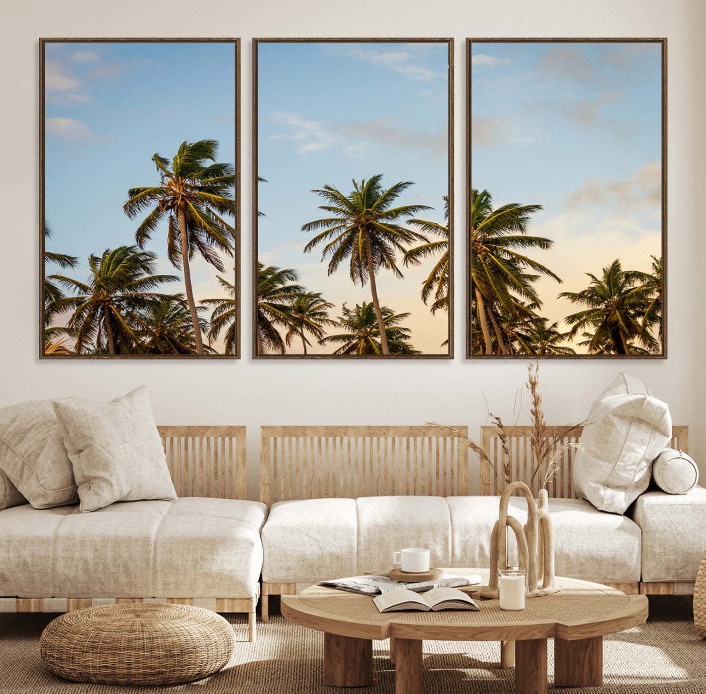 99033771-MGV-FC-60X30-3P_Walnut-Palm Trees Wall Art Canvas Print, Framed Tropical Vibes Art Picture Print, Coastal Sunset Perfect Coastal Boho Decor Artwork