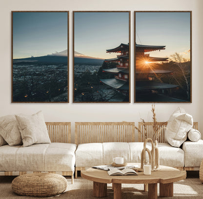 87729656-MGV-FC-60X30-3P_Walnut-Mount Fuji Wall Art Canvas Print, Framed Japan Travel Art Picture Print, Chureito Pagoda Perfect Zen Minimalism Decor Artwork