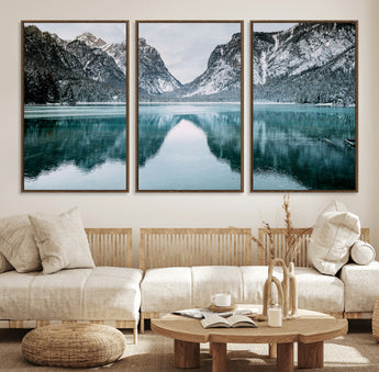 73098373-MGV-FC-60X30-3P_Walnut-Mountain Lake Wall Art Canvas Print, Framed Winter Wonderland Art Picture Print, Snowy Peaks Perfect Modern Nature Decor Artwork