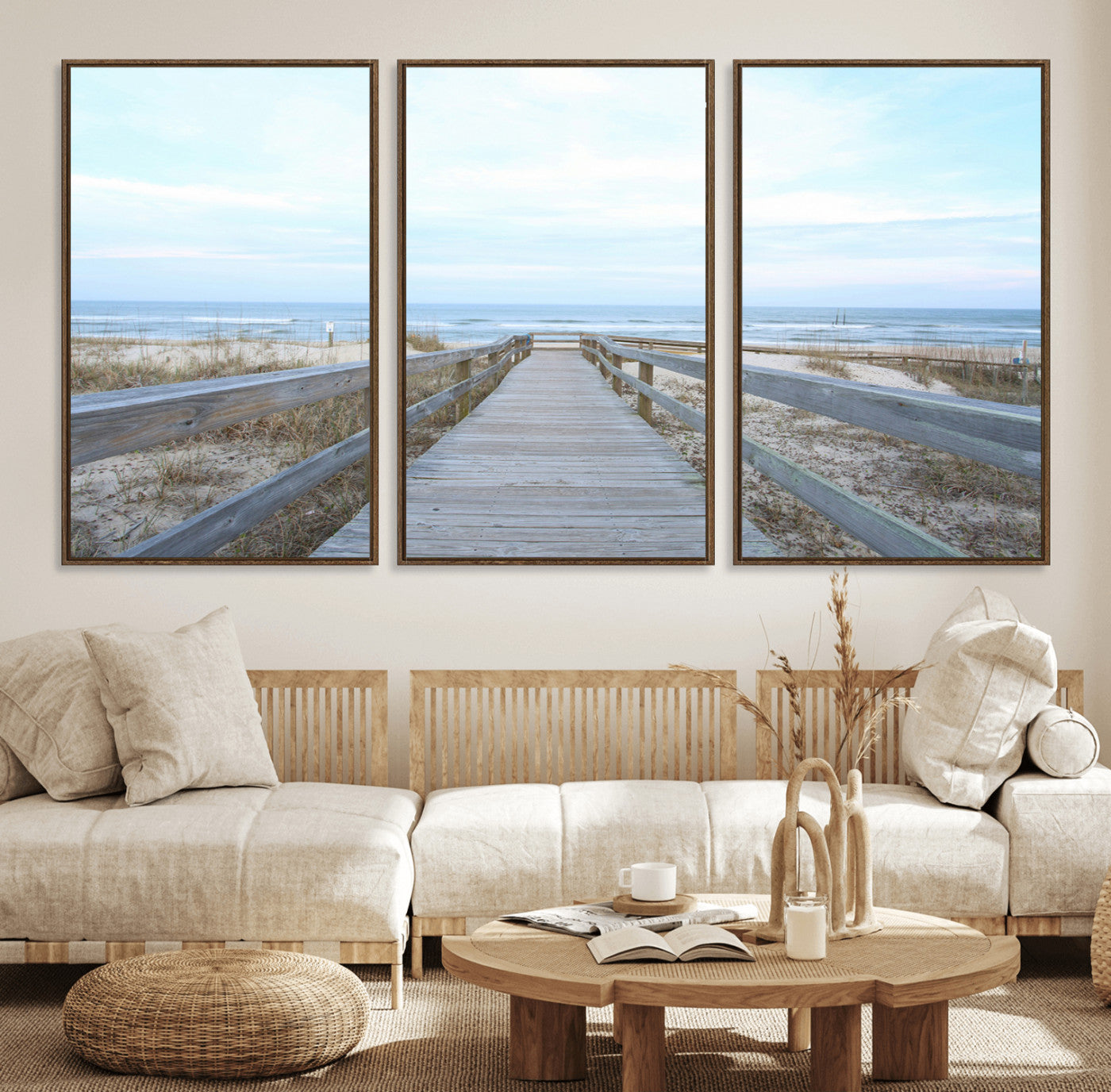 31602988-MGV-FC-60X30-3P_Walnut-Beach Boardwalk Wall Art Canvas Print, Framed Coastal Serenity Art Picture Print, Ocean View Perfect Coastal Minimalist Decor