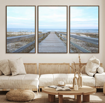 31602988-MGV-FC-60X30-3P_Walnut-Beach Boardwalk Wall Art Canvas Print, Framed Coastal Serenity Art Picture Print, Ocean View Perfect Coastal Minimalist Decor
