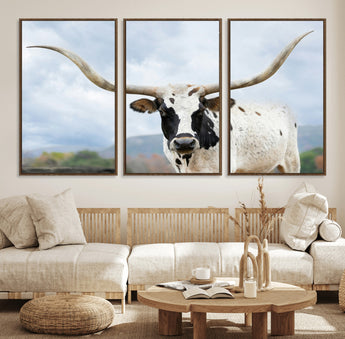63592811-MGV-FC-60X30-3P_Walnut-Texas Longhorn Wall Art Canvas Print, Framed Western Rustic Art Picture Print, Farmhouse Decor Perfect Rustic Farmhouse Decor