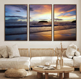 36714356-MGV-FC-60X30-3P_Walnut-Beach Sunset Wall Art Canvas Print, Framed Ocean Waves Art Picture Print, Tropical Seascape Perfect Coastal Serenity Decor Artwork