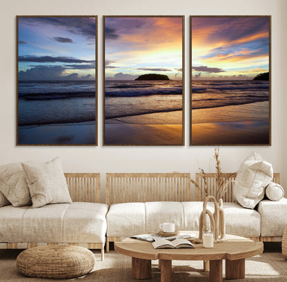 36714356-MGV-FC-60X30-3P_Walnut-Beach Sunset Wall Art Canvas Print, Framed Ocean Waves Art Picture Print, Tropical Seascape Perfect Coastal Serenity Decor Artwork