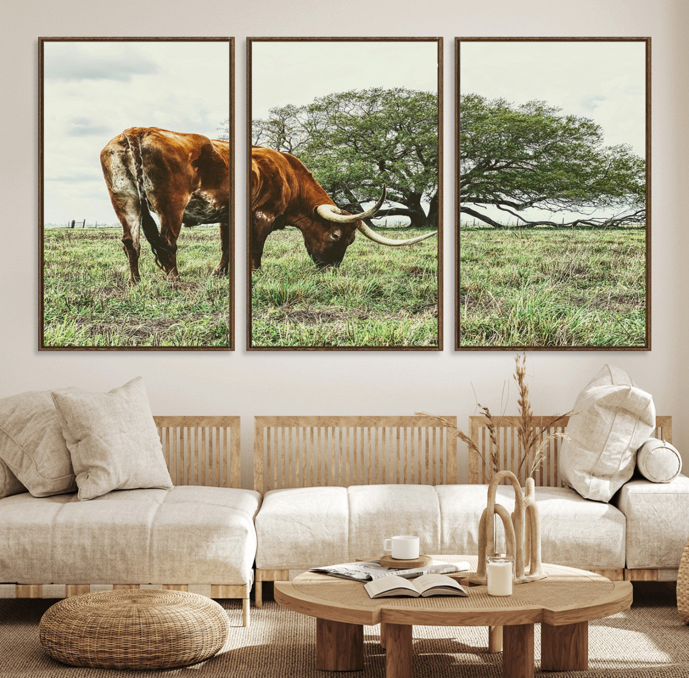 91866234-MGV-FC-60X30-3P_Walnut-Texas Longhorn Wall Art Canvas Print, Framed Rustic Ranch Art Picture Print, Western Cattle Perfect Rustic Farmhouse Decor Artwork