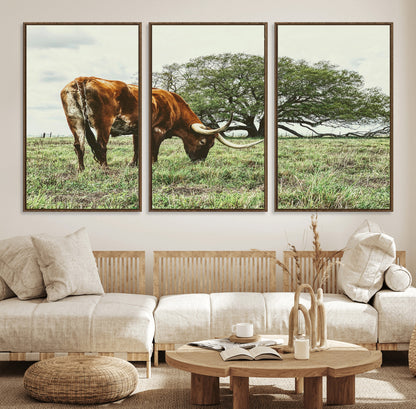 91866234-MGV-FC-60X30-3P_Walnut-Texas Longhorn Wall Art Canvas Print, Framed Rustic Ranch Art Picture Print, Western Cattle Perfect Rustic Farmhouse Decor Artwork