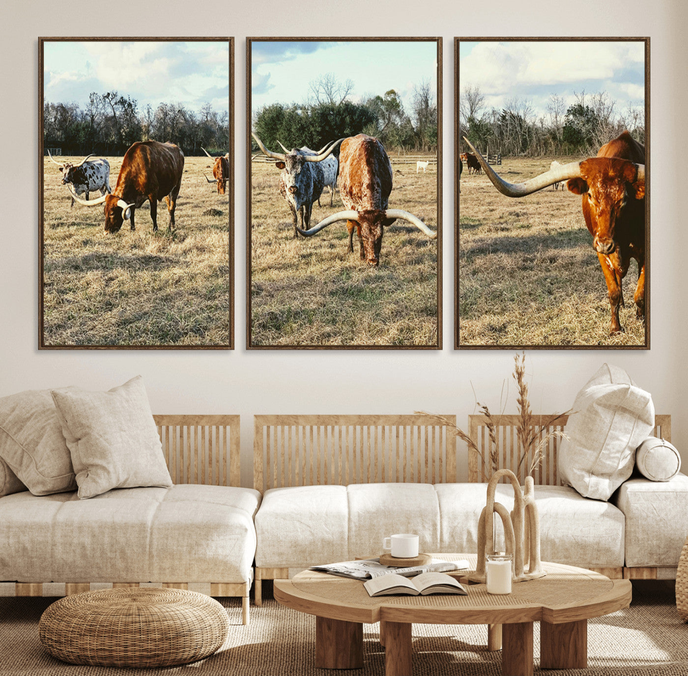 39144651-MGV-FC-60X30-3P_Walnut-Texas Longhorns Wall Art Canvas Print, Framed Rustic Farm Scene Art Picture Print, Western Cattle Perfect Rustic Farmhouse Decor