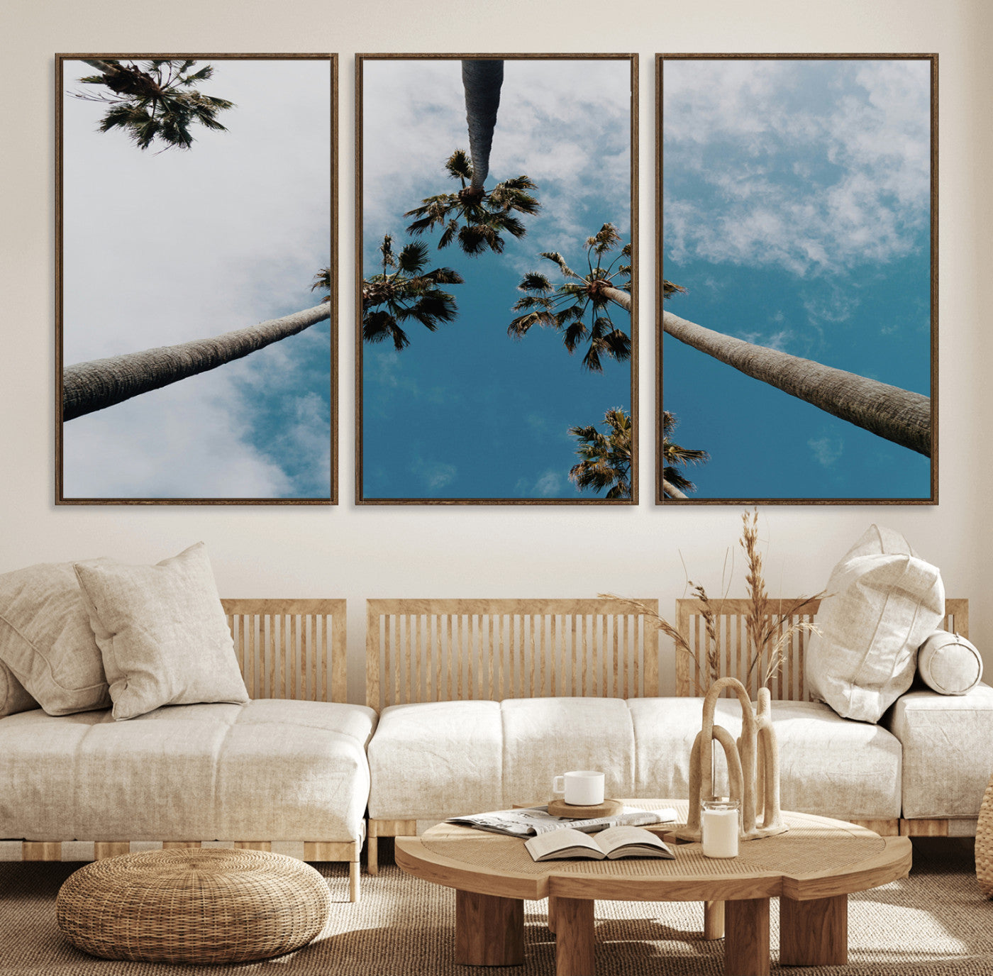 45236398-MGV-FC-60X30-3P_Walnut-Tropical Palm Trees Wall Art Canvas Print, Framed California Sky Art Picture Print, Minimalist Nature Perfect Coastal Minimalist