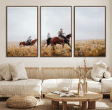 94723307-MGV-FC-60X30-3P_Walnut-Western Cowboys Wall Art Canvas Print, Framed Rustic Prairie Art Picture Print, Horseback Riding Perfect Rustic Western Decor