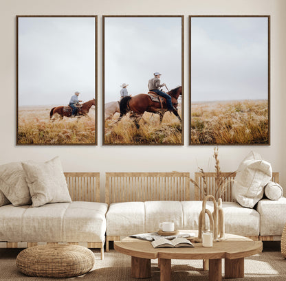 94723307-MGV-FC-60X30-3P_Walnut-Western Cowboys Wall Art Canvas Print, Framed Rustic Prairie Art Picture Print, Horseback Riding Perfect Rustic Western Decor
