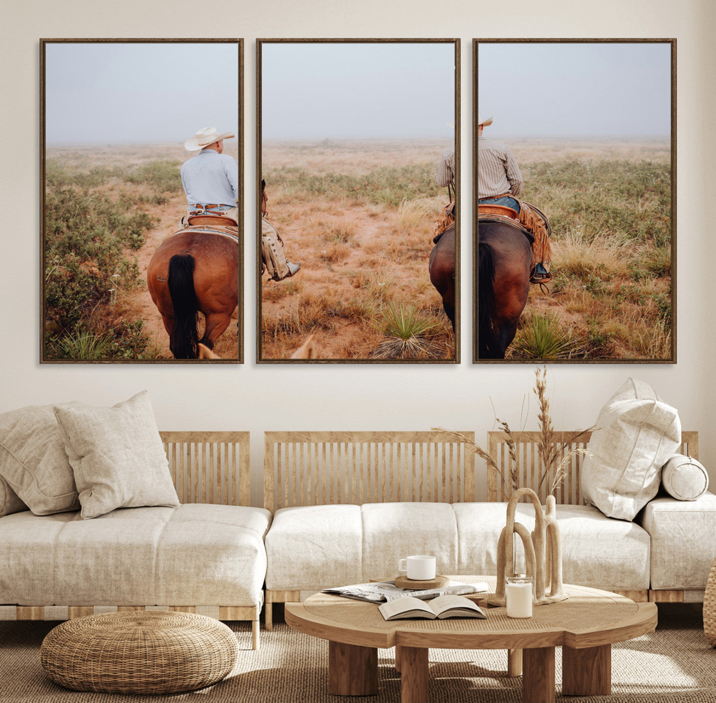 54943176-MGV-FC-60X30-3P_Walnut-Cowboy Wall Art Wall Art Canvas Print, Framed Western Canvas Art Picture Print, Rustic Ranch Scene Perfect Rustic Western Decor