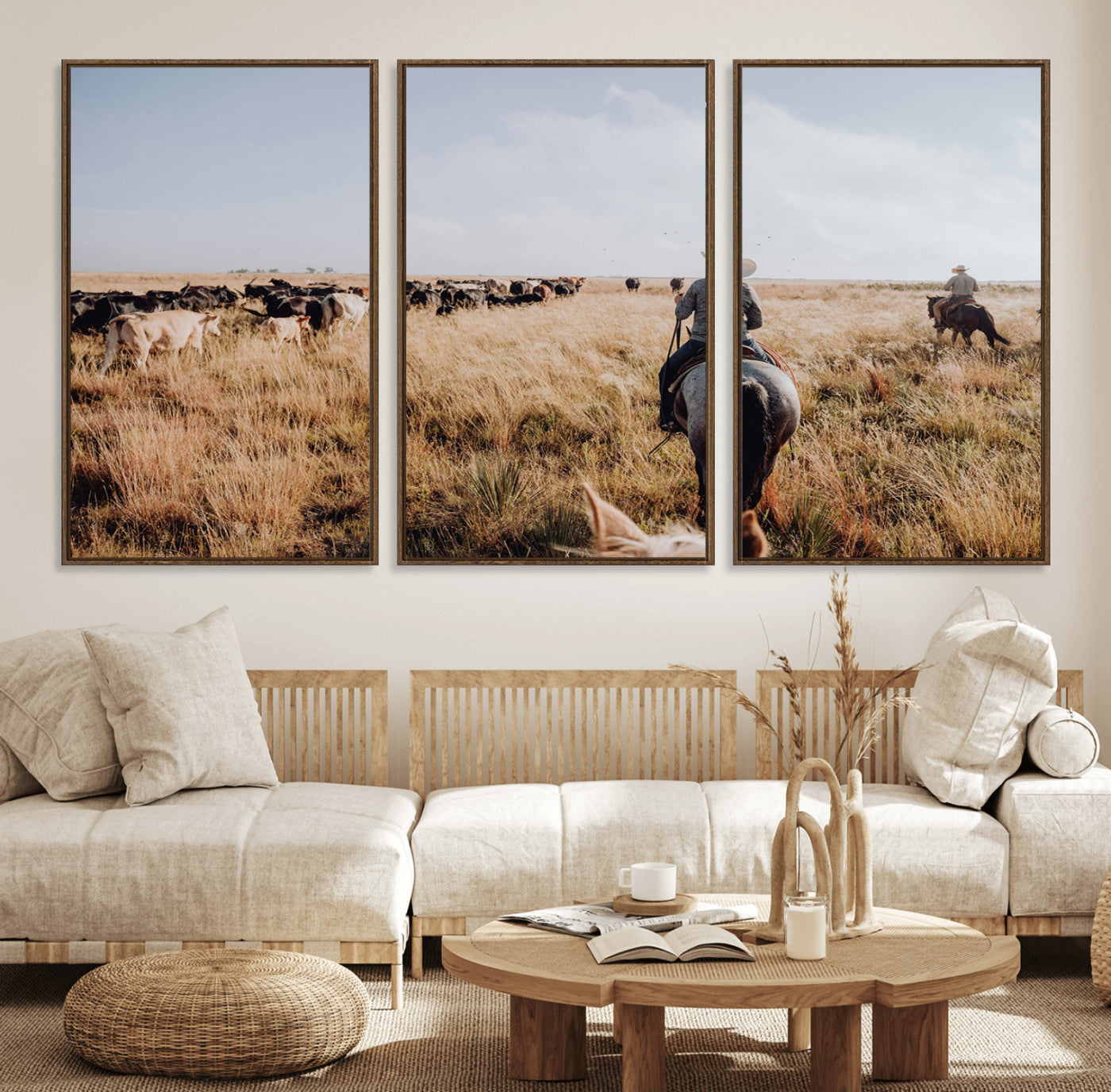 22431577-MGV-FC-60X30-3P_Walnut-Western Wall Art Wall Art Canvas Print, Framed Cowboy Canvas Art Picture Print, Cattle Drive Scene Perfect Rustic Western Decor