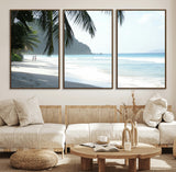 18311030-MGV-FC-60X30-3P_Walnut-Tropical Beach Wall Art Canvas Print, Framed Serene Ocean Art Picture Print, Palm Tree Shadows Perfect Tropical Coastal Decor