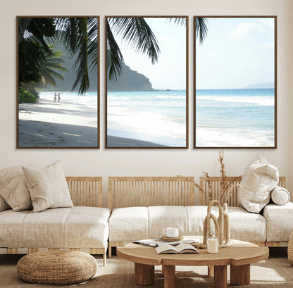 18311030-MGV-FC-60X30-3P_Walnut-Tropical Beach Wall Art Canvas Print, Framed Serene Ocean Art Picture Print, Palm Tree Shadows Perfect Tropical Coastal Decor