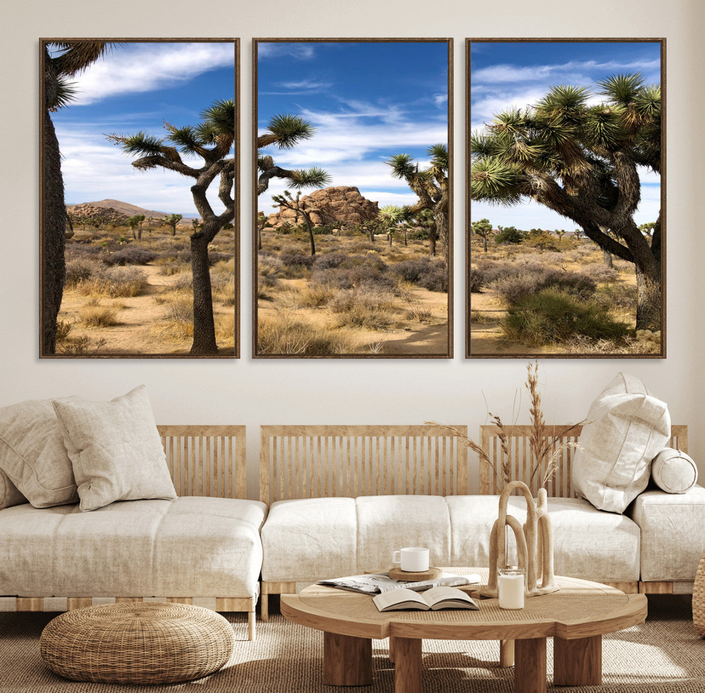 25722592-MGV-FC-60X30-3P_Walnut-Joshua Tree Desert Wall Art Canvas Print, Framed Southwestern Nature Art Picture Print, Rustic Earth Tones Perfect Southwestern