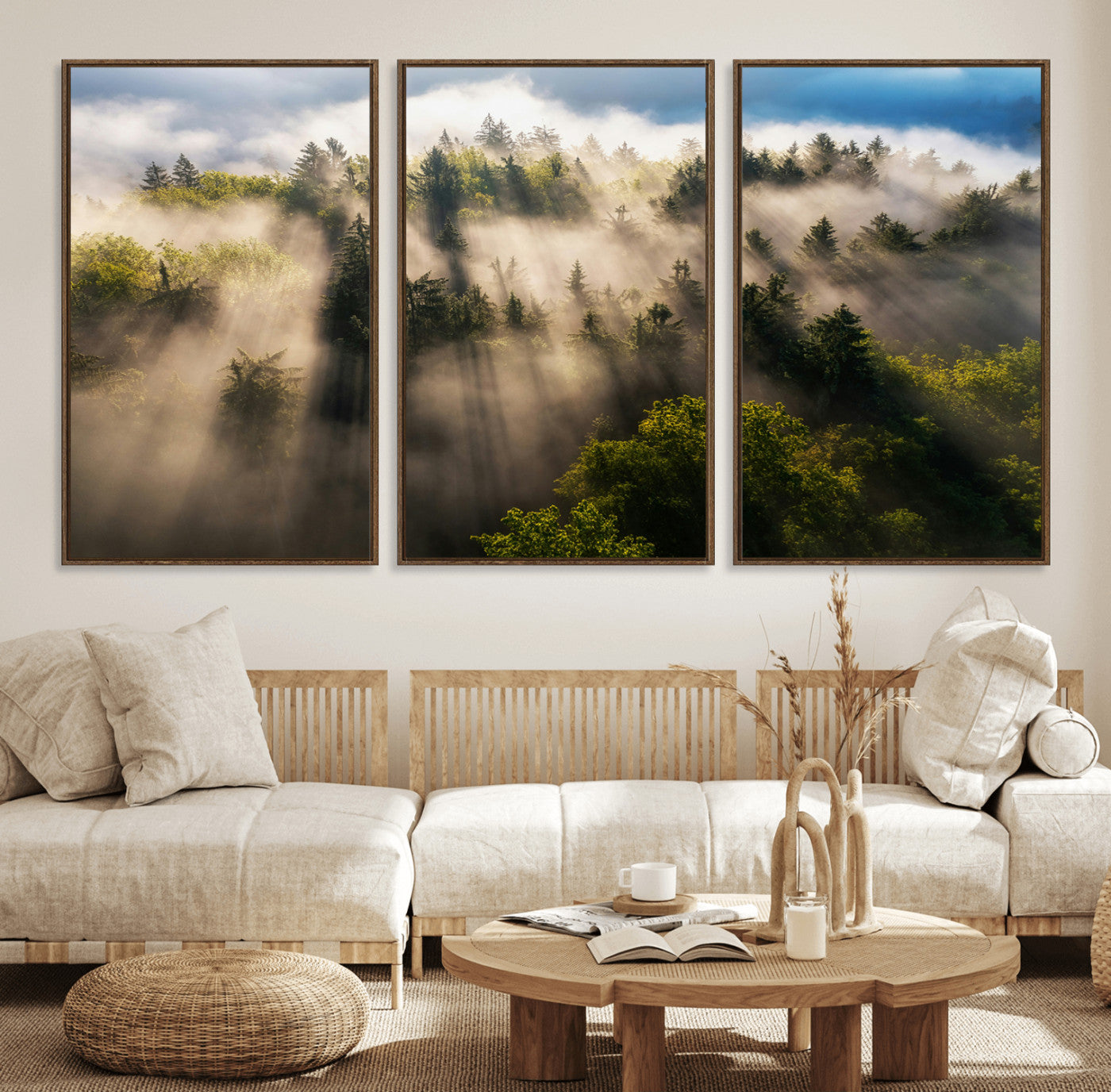 14785710-MGV-FC-60X30-3P_Walnut-Tranquil Forest Scene Wall Art Canvas Print, Framed Sunbeam Through Trees Art Picture Print, Moody Green Wall Art Perfect