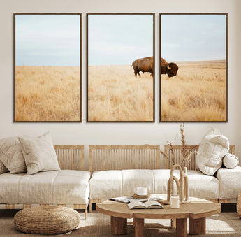 61392510-MGV-FC-60X30-3P_Walnut-Buffalo Wall Art Wall Art Canvas Print, Framed Western Wildlife Decor Art Picture Print, Rustic Farmhouse Art Perfect Rustic