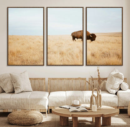 61392510-MGV-FC-60X30-3P_Walnut-Buffalo Wall Art Wall Art Canvas Print, Framed Western Wildlife Decor Art Picture Print, Rustic Farmhouse Art Perfect Rustic