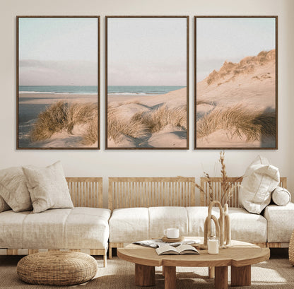28064037-MGV-FC-60X30-3P_Walnut-Minimalist Seascape Wall Art Canvas Print, Framed Neutral Beach Print Art Picture Print, Sand Dune Photography Perfect