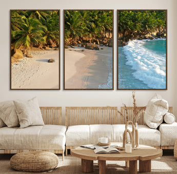 82312665-MGV-FC-60X30-3P_Walnut-Tropical Beach Wall Art Canvas Print, Framed Ocean Waves Art Picture Print, Palm Trees Perfect Coastal Minimalist Decor Artwork