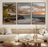 55108220-MGV-FC-60X30-3P_Walnut-Tropical Beach Wall Art Canvas Print, Framed Hawaiian Sunset Art Picture Print, Ocean Waves Perfect Coastal Tropical Decor Artwork