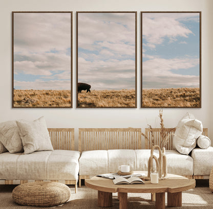 22754563-MGV-FC-60X30-3P_Walnut-Earthy Tones Wall Art Canvas Print, Framed Rustic Nature Art Picture Print, Solitary Buffalo Perfect Western Minimalist Decor