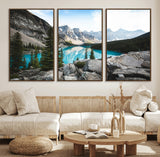98014896-MGV-FC-60X30-3P_Walnut-Canadian Rockies Wall Art Canvas Print, Framed Mountain Landscape Art Picture Print, Turquoise Water Perfect Scandinavian