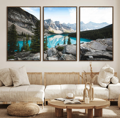 98014896-MGV-FC-60X30-3P_Walnut-Canadian Rockies Wall Art Canvas Print, Framed Mountain Landscape Art Picture Print, Turquoise Water Perfect Scandinavian
