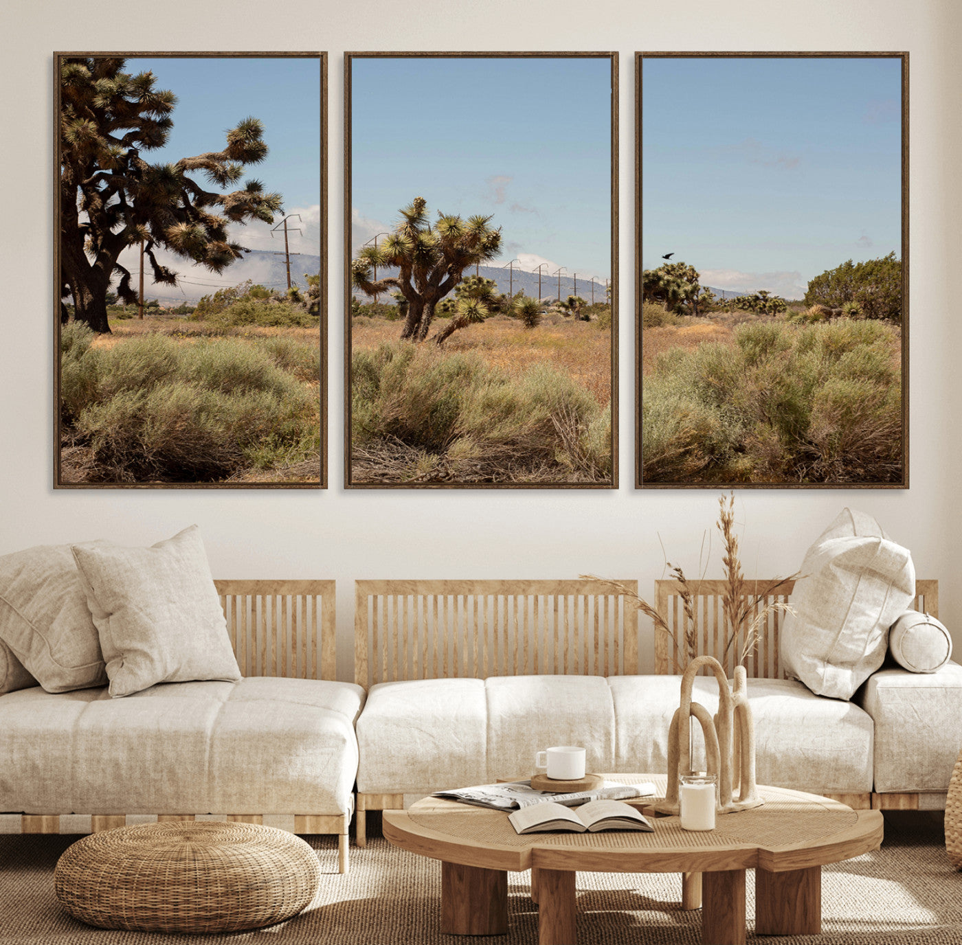 16114018-MGV-FC-60X30-3P_Walnut-Joshua Tree Wall Art Canvas Print, Framed Desert Landscape Art Picture Print, Mountain Horizon Perfect Southwestern Boho Decor