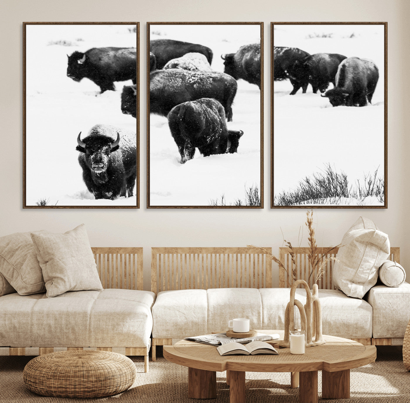 18914414-MGV-FC-60X30-3P_Walnut-Buffalo Herd Wall Art Canvas Print, Framed Black and White Art Picture Print, Snowy Landscape Perfect Rustic Lodge Decor Decor