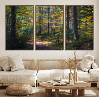 65810864-MGV-FC-60X30-3P_Walnut-Autumn Forest Wall Art Canvas Print, Framed Fall Woodland Art Picture Print, Golden Leaves Perfect Rustic Farmhouse Decor Artwork