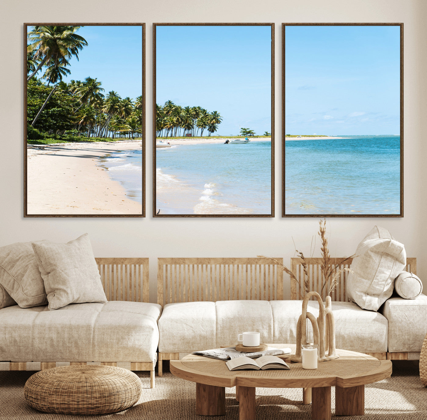37858872-MGV-FC-60X30-3P_Walnut-Palm Tree Coast Wall Art Canvas Print, Framed Island Getaway Art Picture Print, Crystal Blue Water Perfect Tropical Coastal Decor