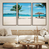 42623350-MGV-FC-60X30-3P_Walnut-Tropical Beach Wall Art Canvas Print, Framed Palm Tree Art Picture Print, Ocean View Perfect Tropical Coastal Decor Artwork