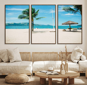 42623350-MGV-FC-60X30-3P_Walnut-Tropical Beach Wall Art Canvas Print, Framed Palm Tree Art Picture Print, Ocean View Perfect Tropical Coastal Decor Artwork