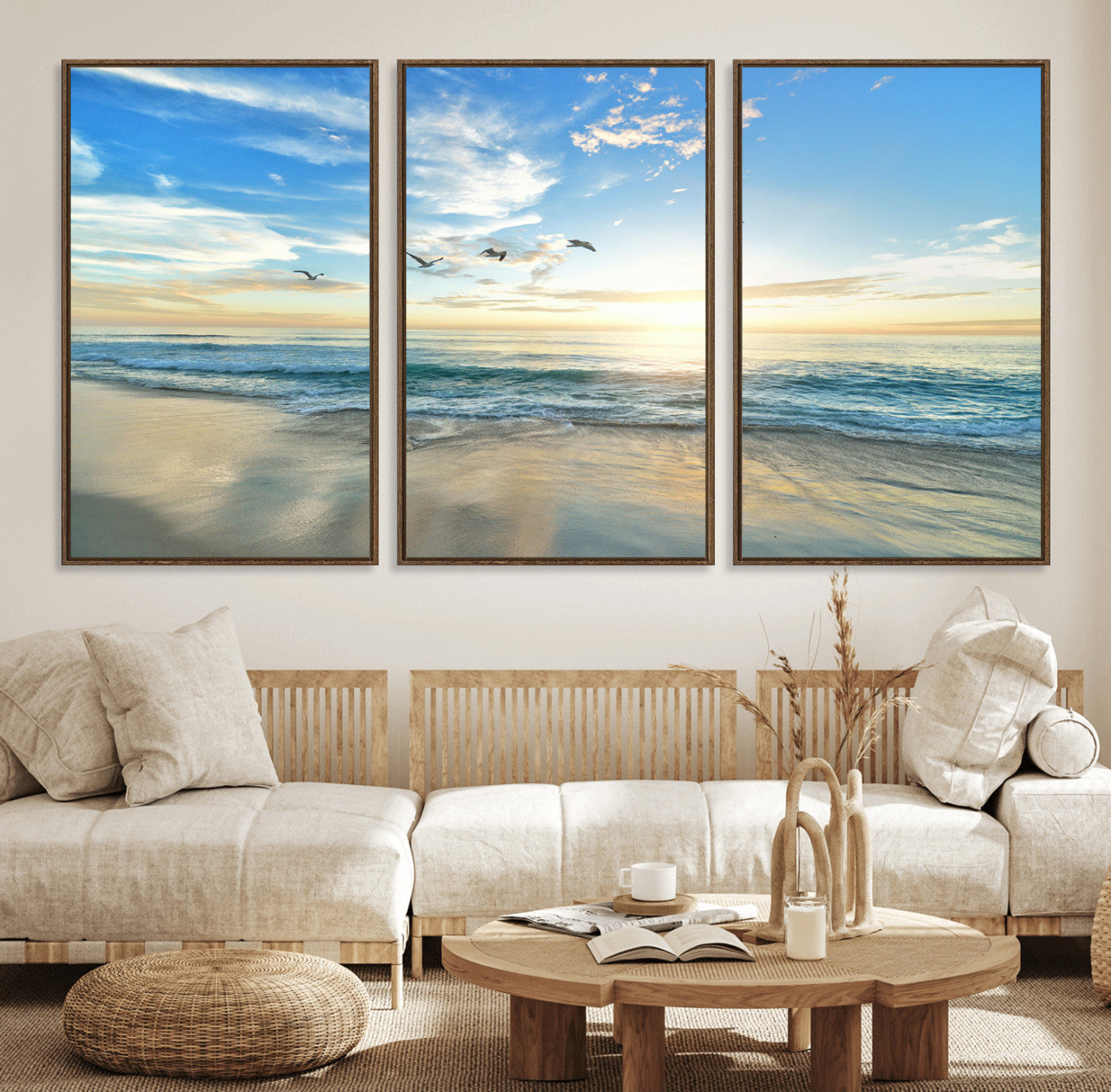 20708696-MGV-FC-60X30-3P_Walnut-Minimalist Seaside Wall Art Canvas Print, Framed Morning Glow Art Picture Print, Golden Reflections Perfect Coastal Minimalist