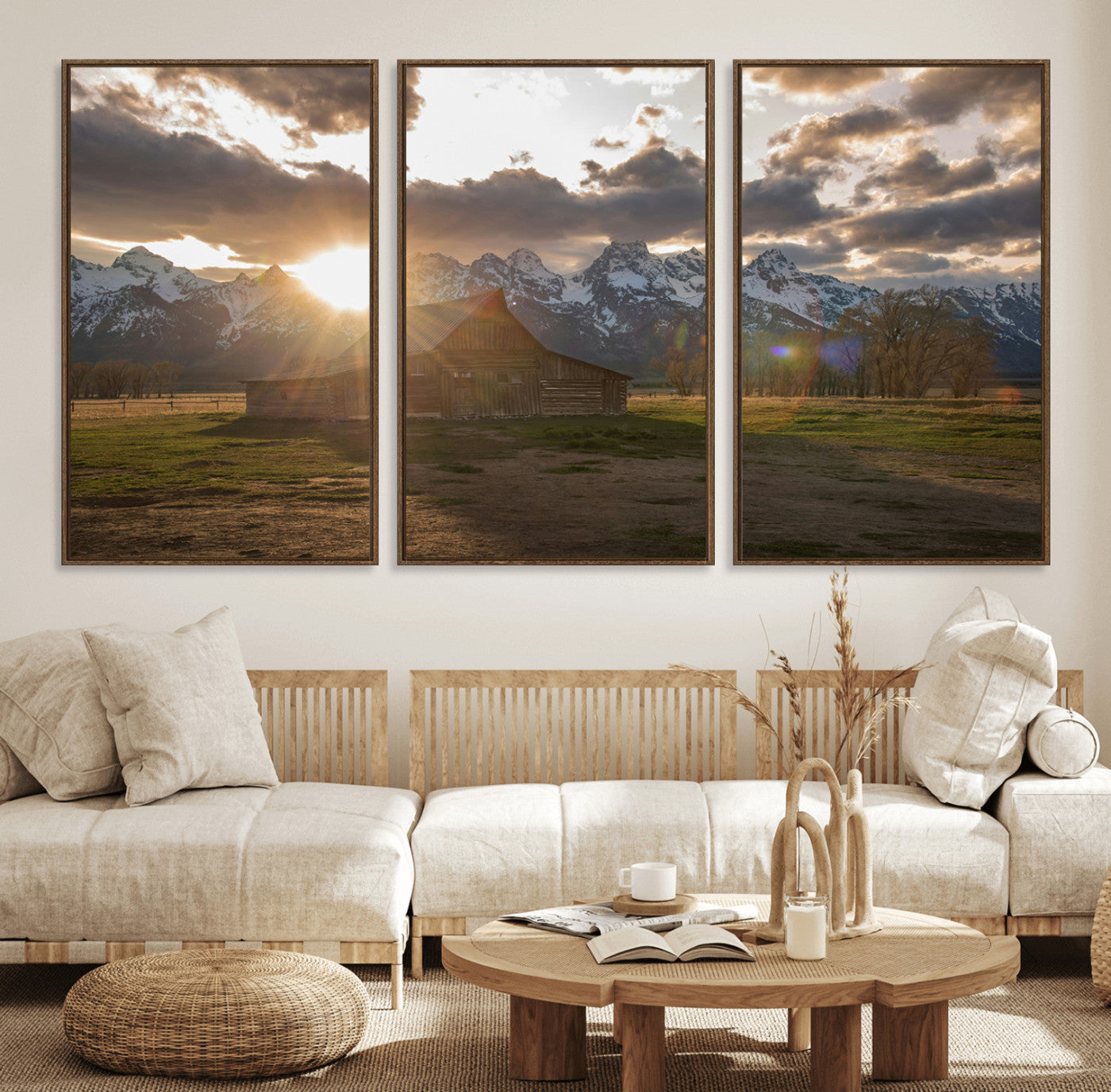 52555760-MGV-FC-60X30-3P_Walnut-Snowy Peaks Wall Art Canvas Print, Framed Nature Escape Art Picture Print, Rustic Charm Perfect Rustic Western Decor Artwork