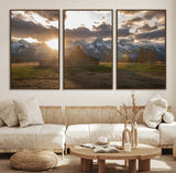 52555760-MGV-FC-60X30-3P_Walnut-Snowy Peaks Wall Art Canvas Print, Framed Nature Escape Art Picture Print, Rustic Charm Perfect Rustic Western Decor Artwork