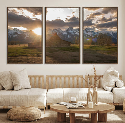 52555760-MGV-FC-60X30-3P_Walnut-Snowy Peaks Wall Art Canvas Print, Framed Nature Escape Art Picture Print, Rustic Charm Perfect Rustic Western Decor Artwork
