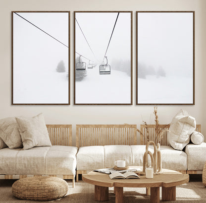 20216390-MGV-FC-60X30-3P_Walnut-Ski Lift Wall Art Canvas Print, Framed Snowy Landscape Art Picture Print, Alpine Adventure Perfect Nordic Minimalist Decor Artwork