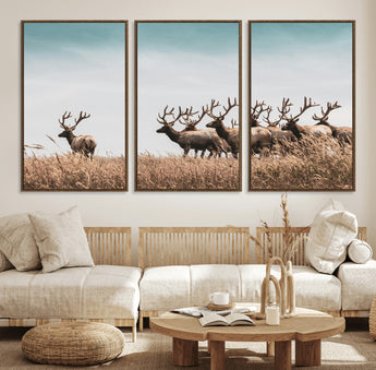 81594705-MGV-FC-60X30-3P_Walnut-Elk Herd Wall Art Canvas Print, Framed Wildlife Photography Art Picture Print, Rustic Nature Print Perfect Rustic Wildlife Decor