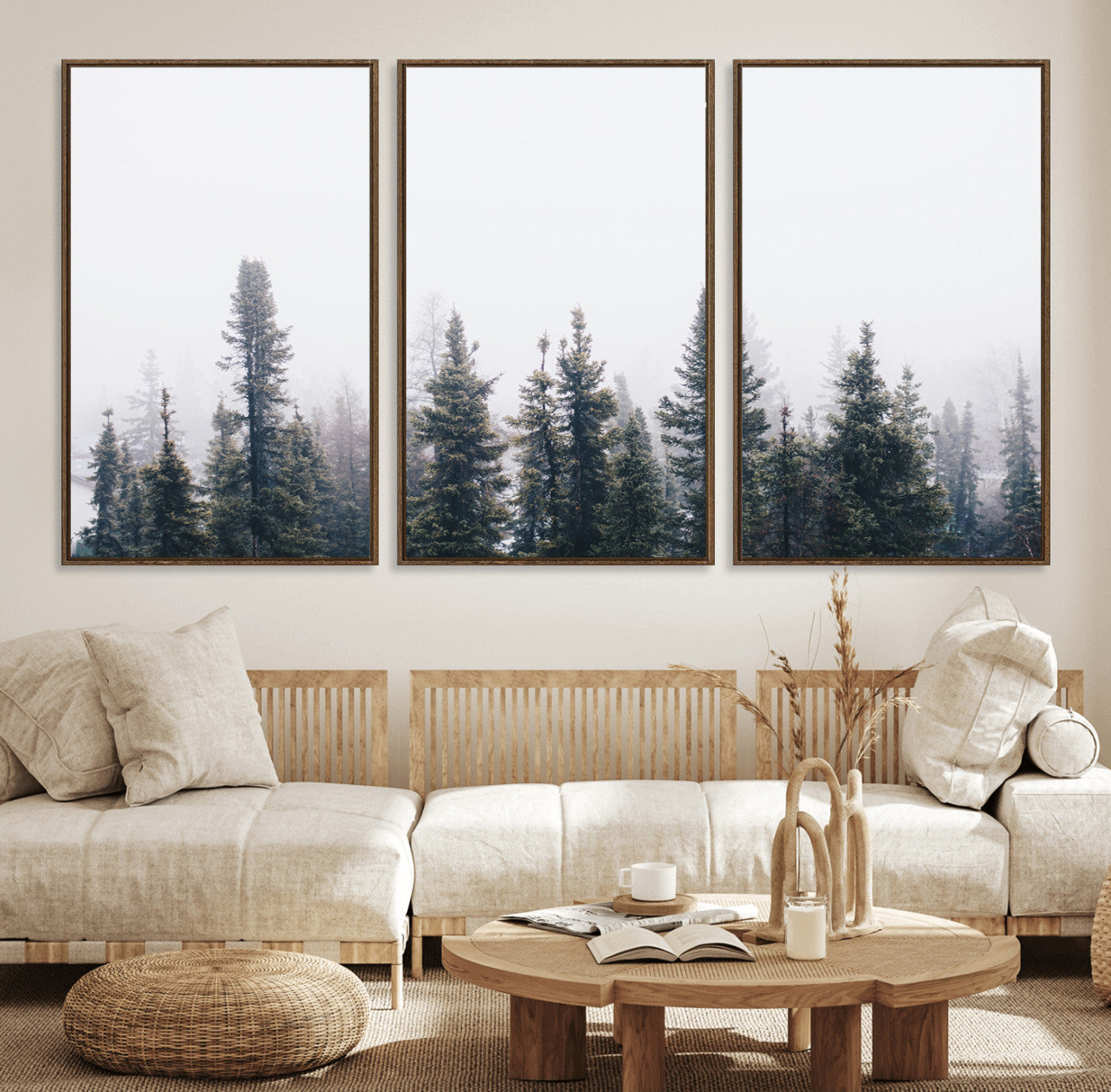 42364796-MGV-FC-60X30-3P_Walnut-Foggy Forest Wall Art Canvas Print, Framed Misty Pines Art Picture Print, Moody Woodland Perfect Scandinavian Minimalist Decor