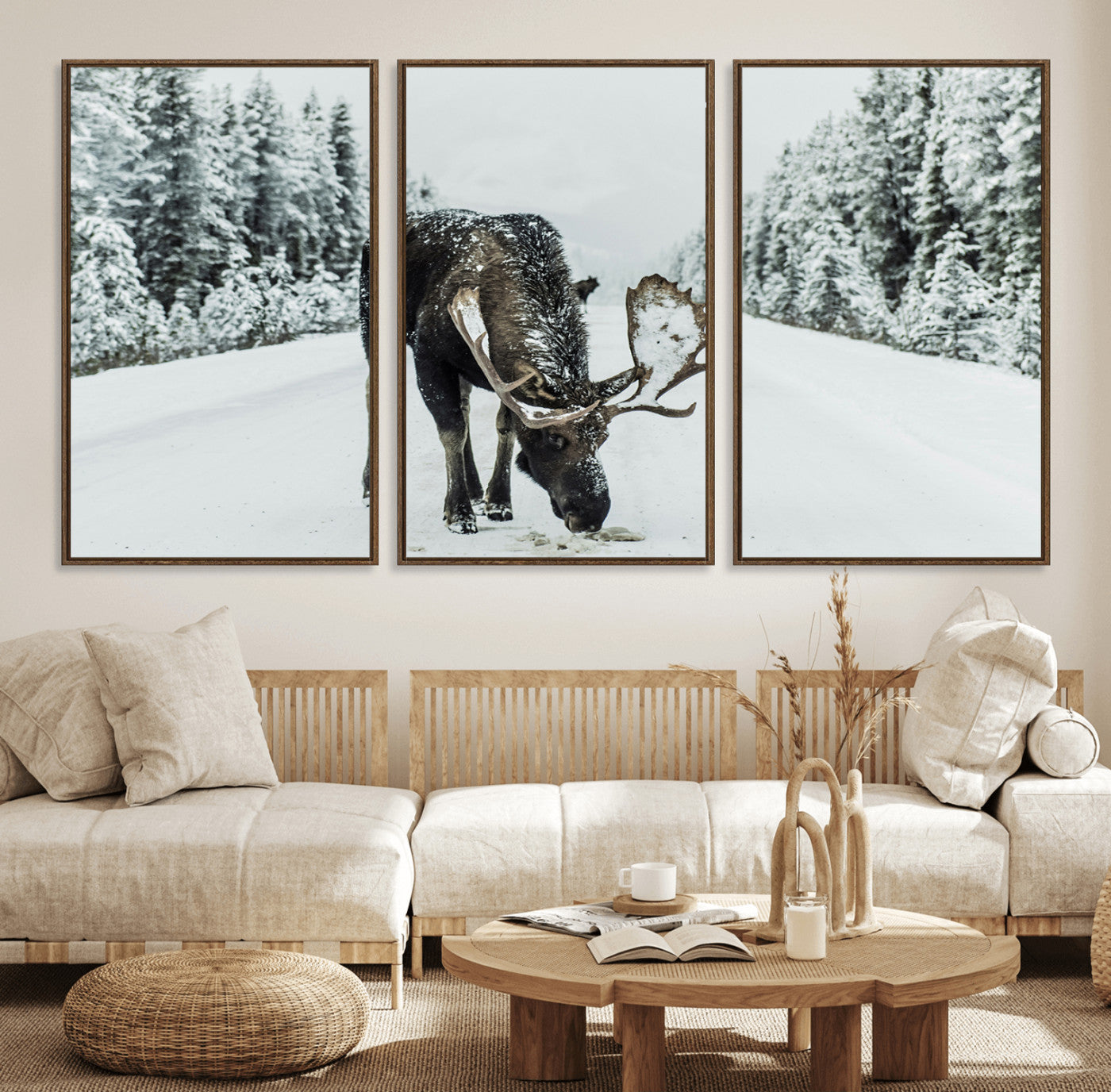 13316292-MGV-FC-60X30-3P_Walnut-Moose in Snow Wall Art Canvas Print, Framed Winter Wildlife Art Picture Print, Snowy Forest Scene Perfect Rustic Lodge Decor