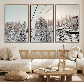 91534512-MGV-FC-60X30-3P_Walnut-Frosty Pines Wall Art Canvas Print, Framed Cozy Cabin View Art Picture Print, Ski Lift Ride Perfect Rustic Lodge Decor Artwork